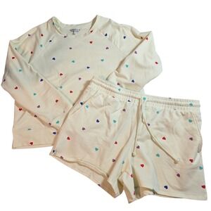 Wildfox Heart Print Sweatshirt & Shorts Oatmeal Lounge Set Valentine Size L